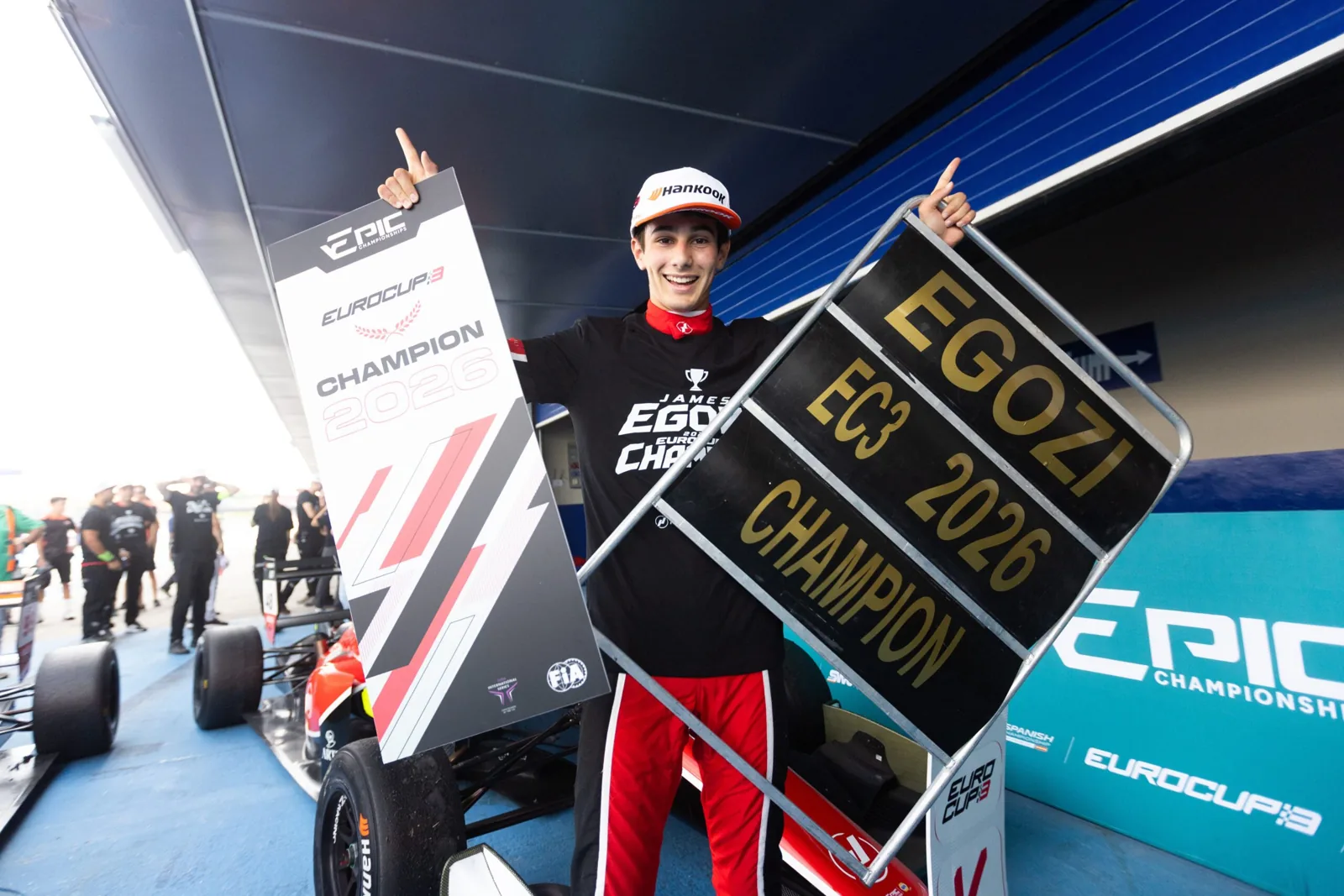 James Egozi celebrating the Eurocup-3 championship at Jerez